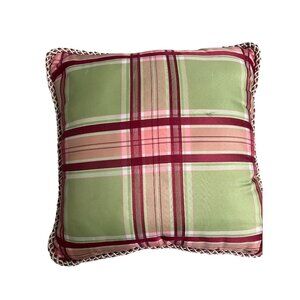 Caroline Cole Square Throw Pillow With Green Pink Plaid & Embroidered Patterns